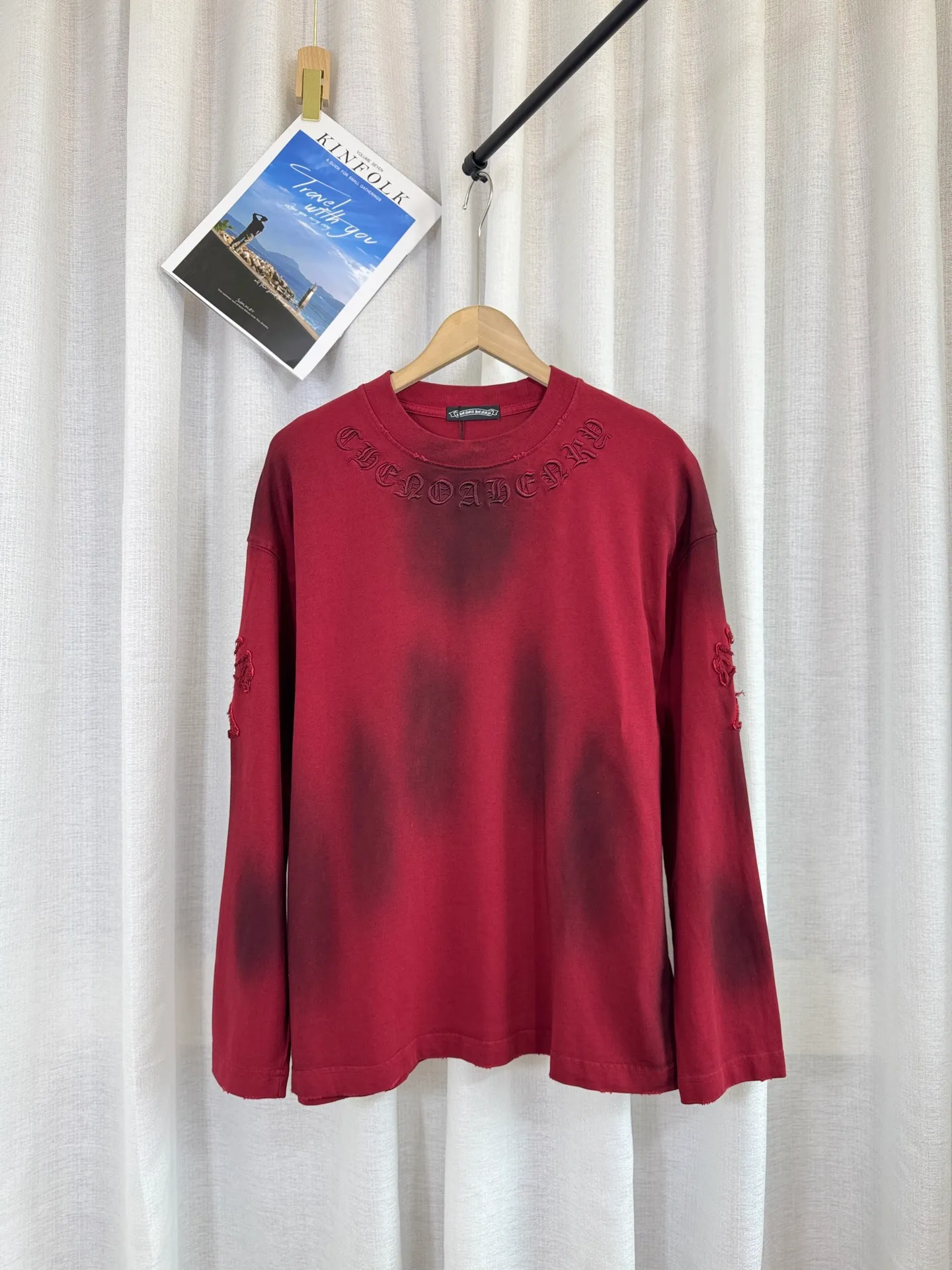 P260 ch high version Chrome Hearts 2025 new autumn and winter cross patch washed spray horse slip long-sleeved T-shirt, fabric: 26 double yarns, 320 grams weight, Angora red thread weaving, heavy wash water ➕ fried color + spray horse slip Printing process: patch embroidery, secondary color spray horse slip process Color: gray, red Size: S M L XL Style number: 5159
